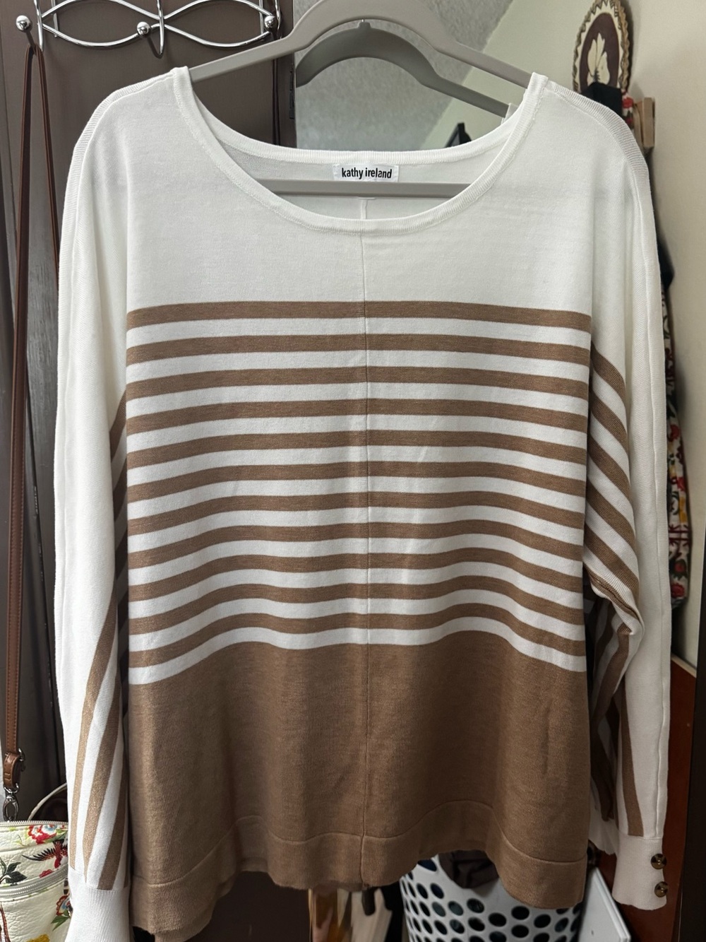 kathy ireland White and Tan Striped Knit Top